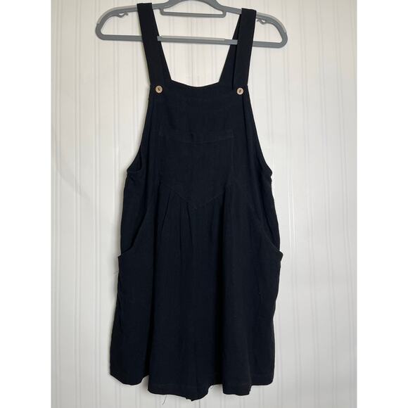 Anrabess Women’s S Linen Romper Overalls Shortalls Loose Black Coastal Lagenlook - Picture 1 of 10